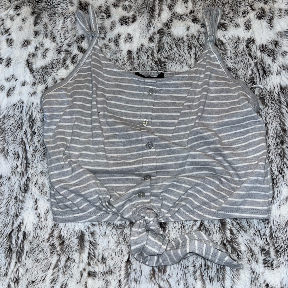 gray and white striped crop top with tie in the front